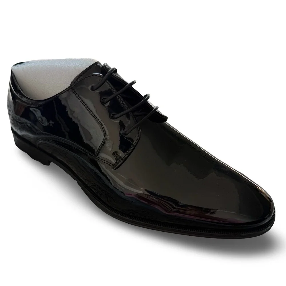 DECARSDZ Mens Black Faux Patent Leather Derby Wedding Dress Shoes Sz 10.5 NEW